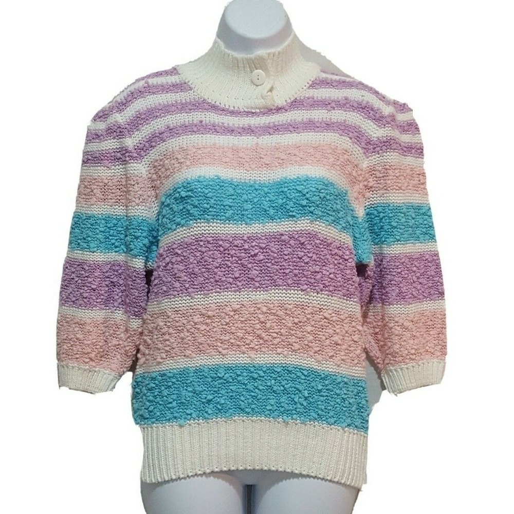 Rainbow Ridge Sweater M Loose Knit Mock Neck 3/4 Sleeve Pink Purple Vintage